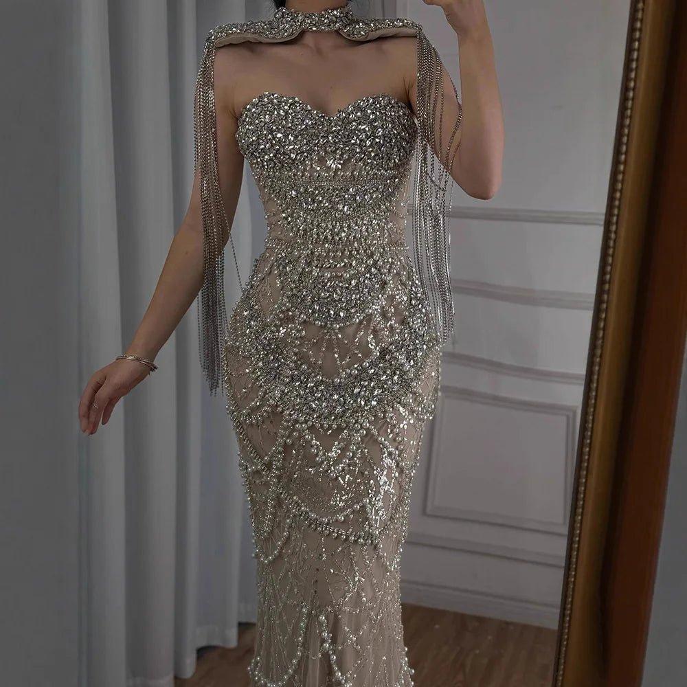 Luxury Nude Beaded Evening Dress with Tassel Short Cape LA72876