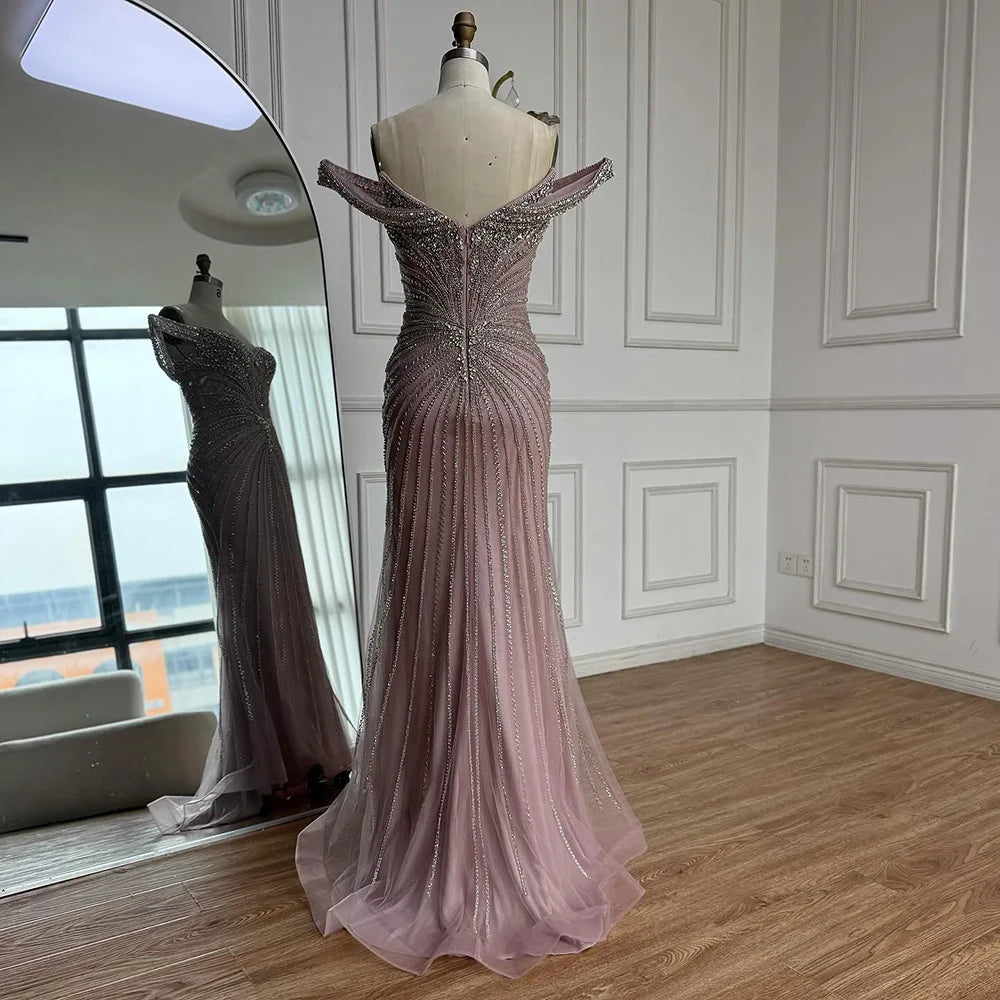 Luxury Nude Arabic Crystal Beaded Mermaid Off Shoulder Evening Dress LA73128