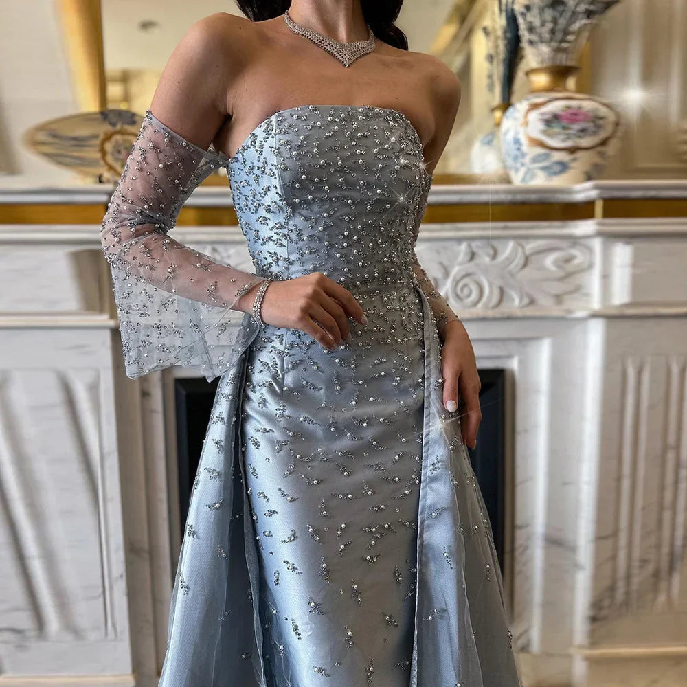 Dubai Luxury Blue Beaded Pearls Evening Gown with Overskirt LA72705