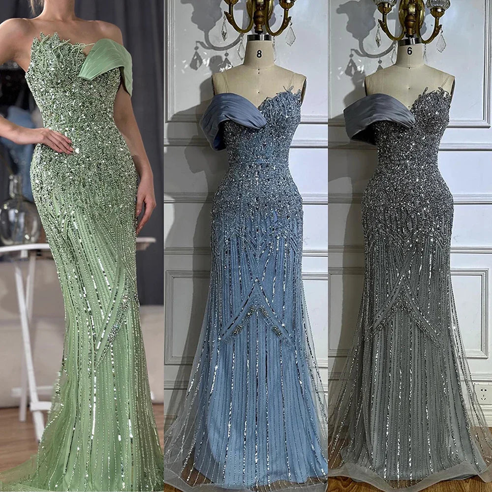 Luxury Dubai Arabic Green Mermaid Elegant One Shoulder Beaded Long Evening Dresses Gowns for Formal Occasion LA72650