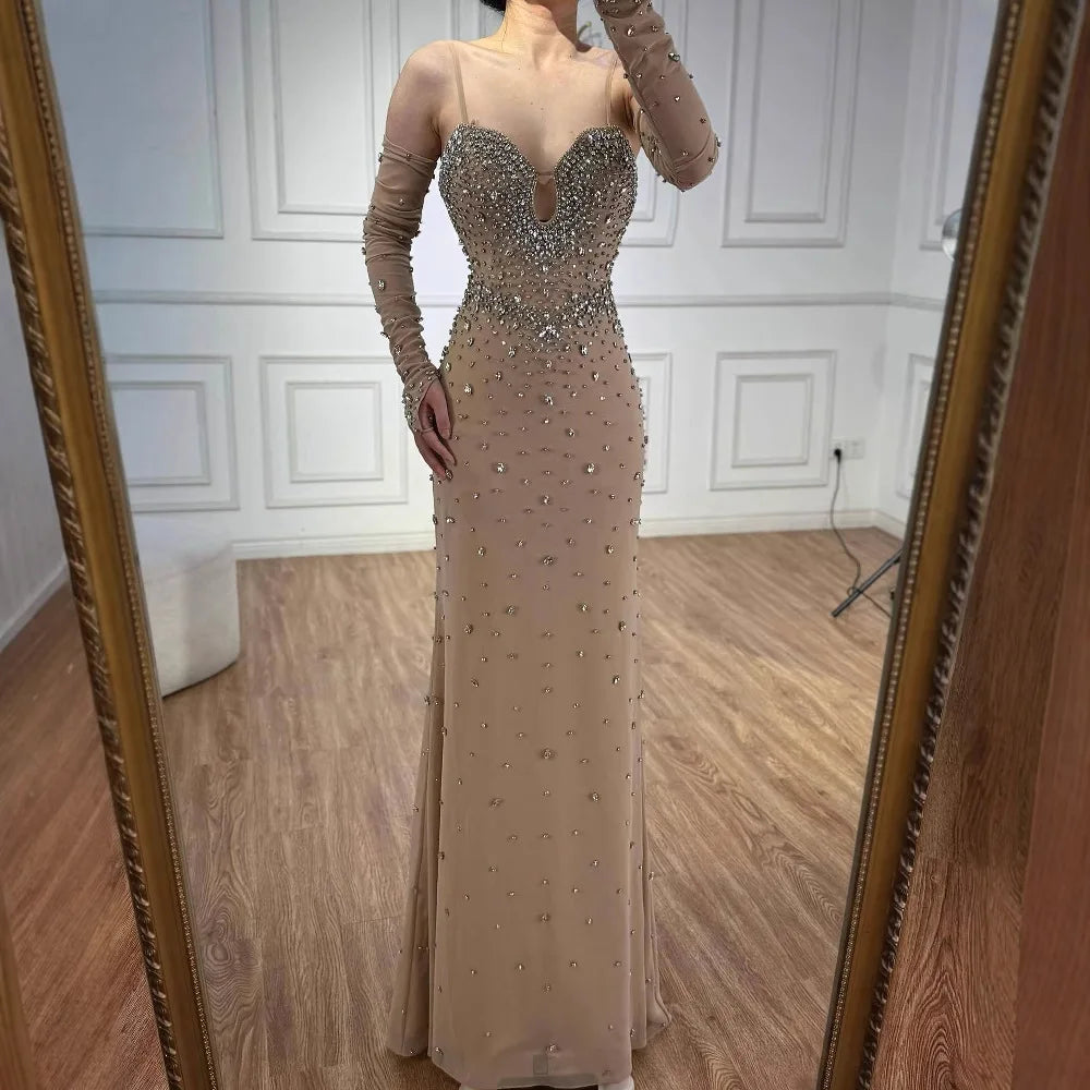 Luxury Nude Beaded Dress with Detachable Sleeves LA73065