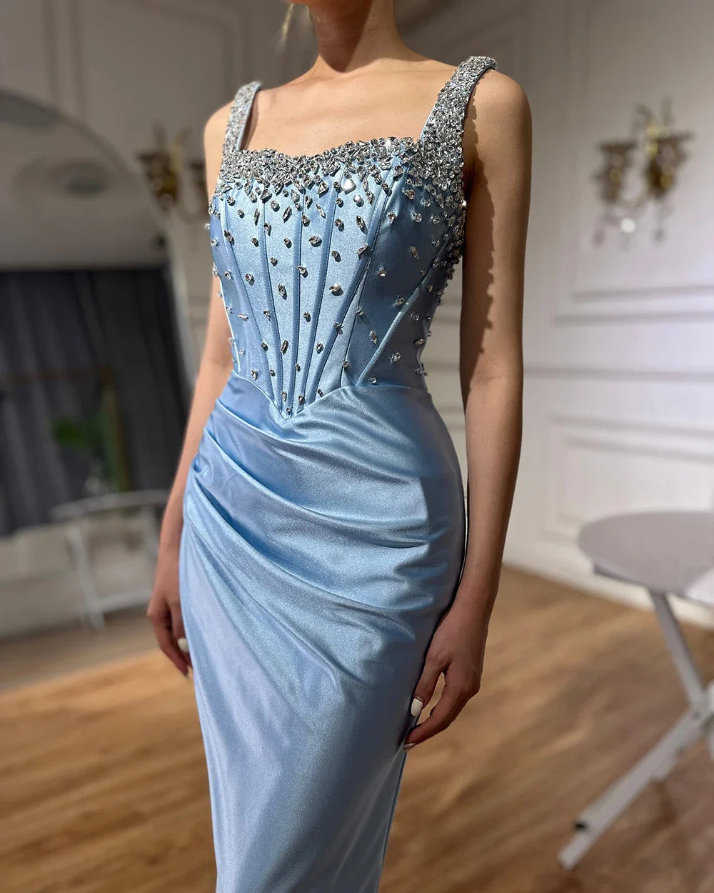 Luxury Dubai Saudi Blue Crystal Beaded Spaghetti Strap Mermaid Evening Dress Gown with Split for Formal Occasion LA72739