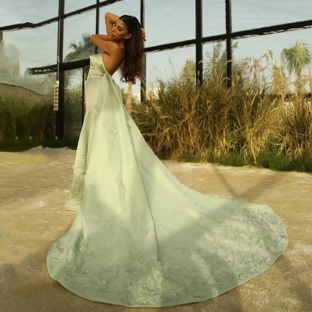 Luxury Dubai Arabic Sage Green Satin A Line Luxury Crystal Appliques Evening Gown for Formal Occasion LA72724