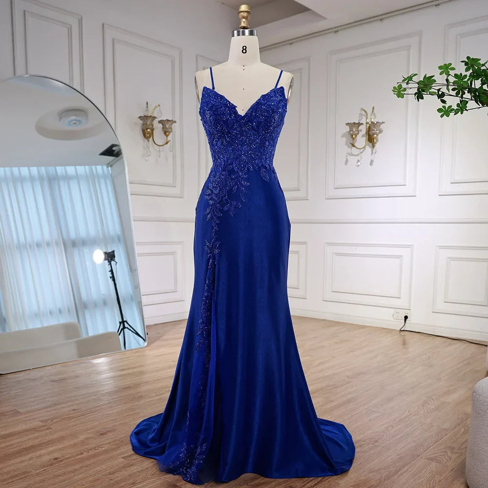 Luxury Navy Blue Lace Slit Prom Dress with Spaghetti Straps LA73041