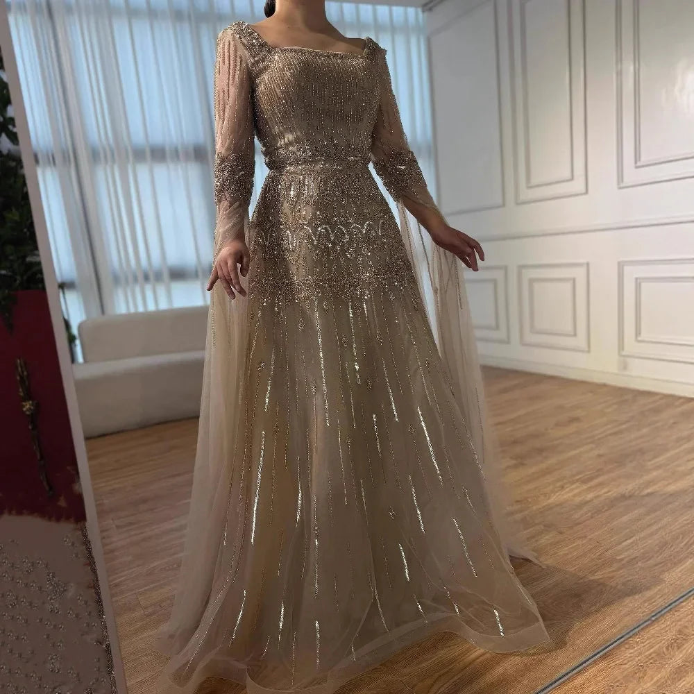 Luxury Green A-LineBeaded Evening Dress with Cape Sleeves LA73089