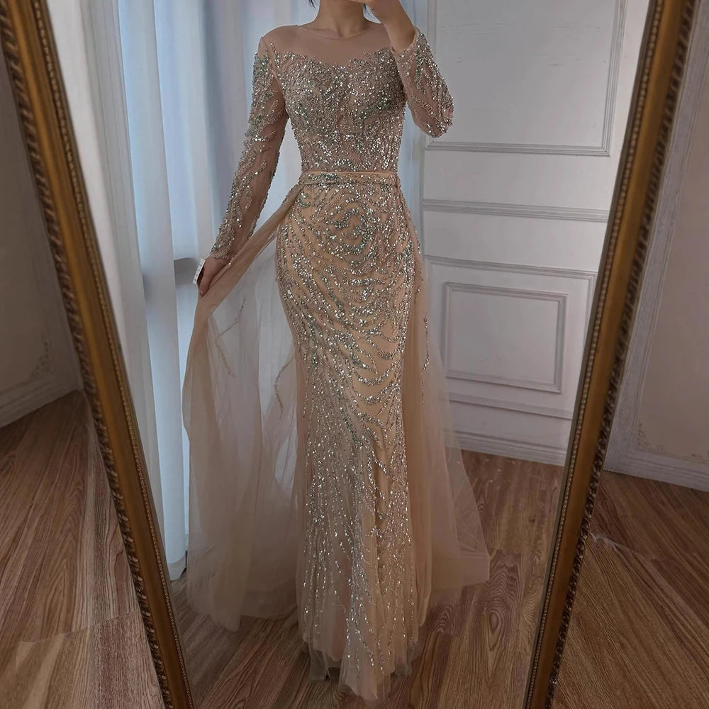 Muslim Nude Mermaid Evening Dress with Overskirt Split Beaded LA71995