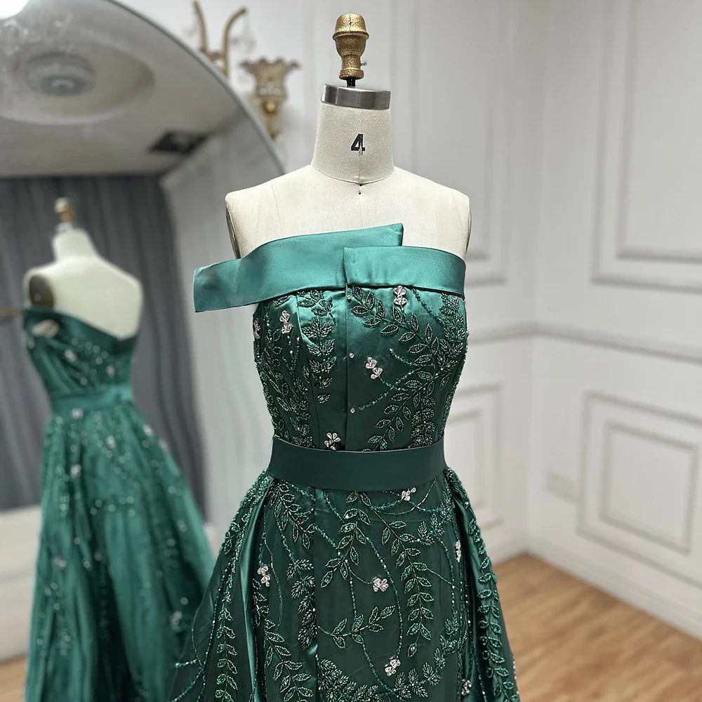 Luxury Dubai Green Arabic One-Shoulder Satin Evening Gown Beaded Dress with Overskirt and Split for Formal Occasion LA72178