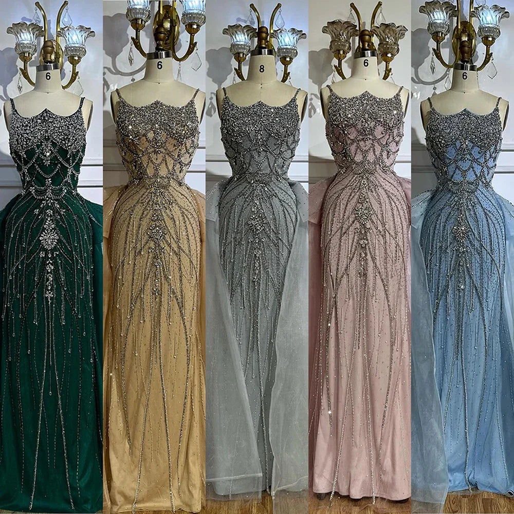 Luxury Dubai Nude Saudi Beaded Spaghetti Strap Evening Dresses Gowns with Overskirt for Formal Occasion LA72810