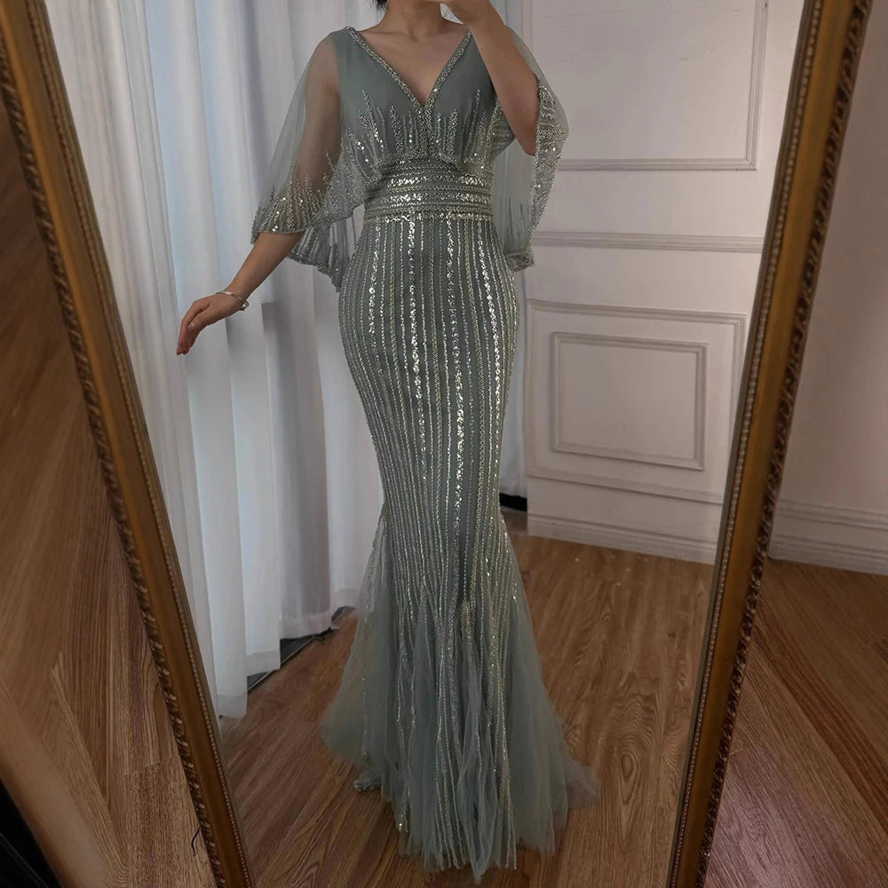 Luxury Turquoise Mermaid Evening Dress with Long Cape LA72258