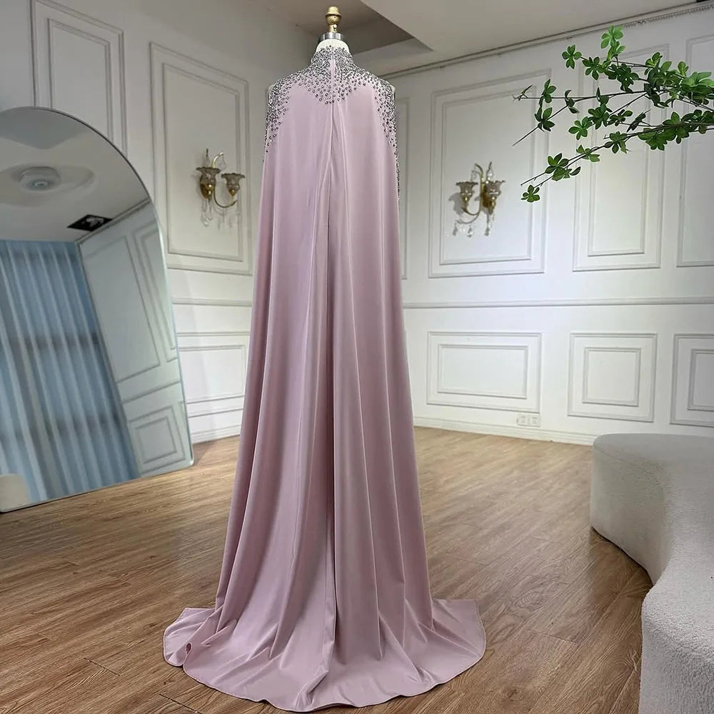 Elegant High Neck Evening Dress with Crystals and Long Cape LA73068
