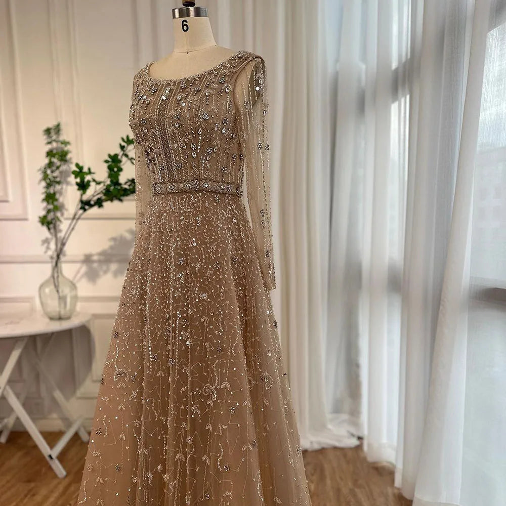 Dubai Designer Luxury Nude A-Line Beaded Evening Dress LA72088