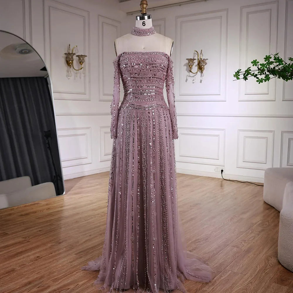 Luxury Caramel Off Shoulder Beaded Mermaid Evening Dress Long Sleeves LA73053