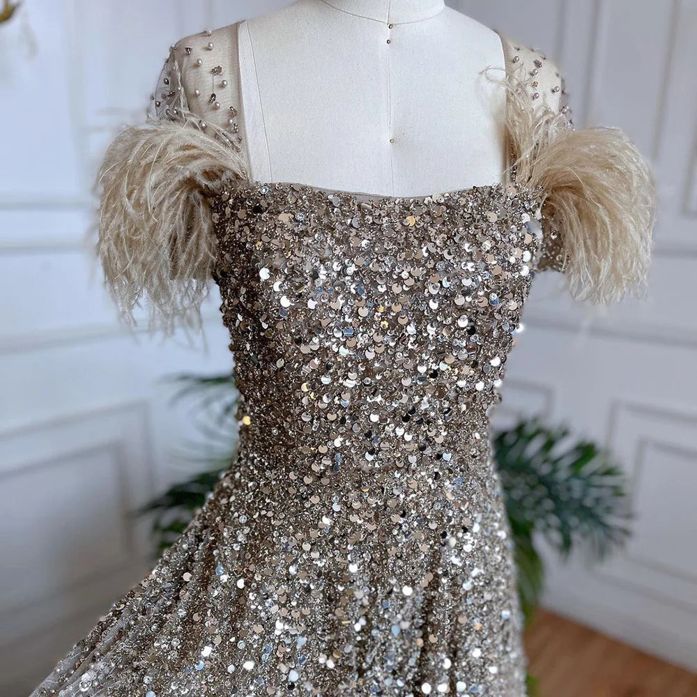 Luxury Caramel Feather Beaded A-Line Evening Dress LA71720