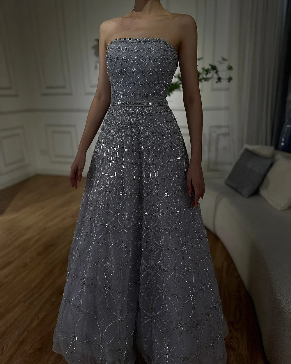 Luxury Dubai Arabic Gray A Line Elegant Beaded Long Evening Dresses Gowns for Formal Occasion LA72755