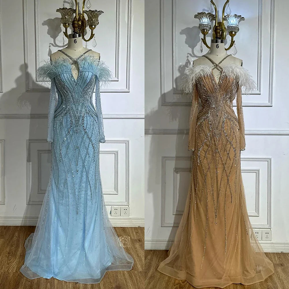 Luxury Dubai Blue Feather Beaded Luxury Mermaid Evening Dresses Gowns for Women Formal Occasion LA72836