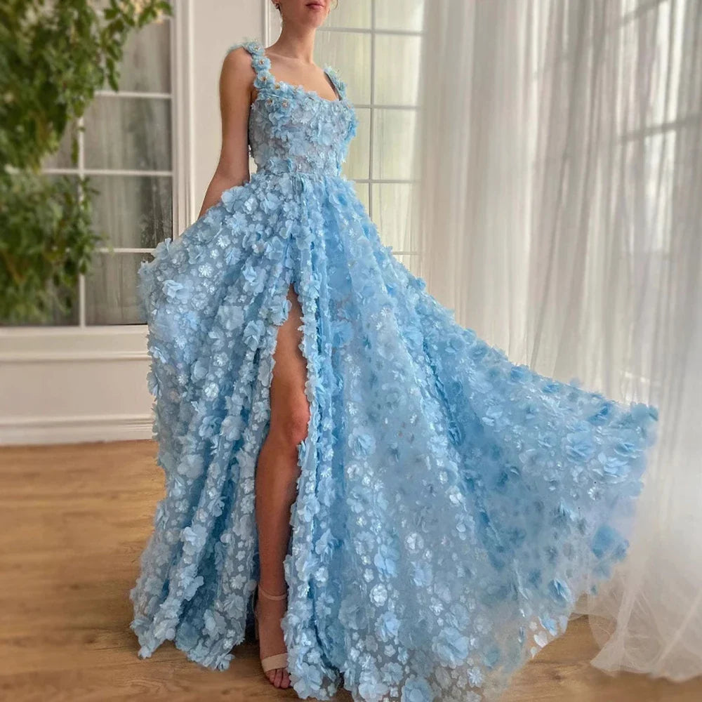 Luxury Lilac 3D Floral Embroidered Split Evening Dress LA72959