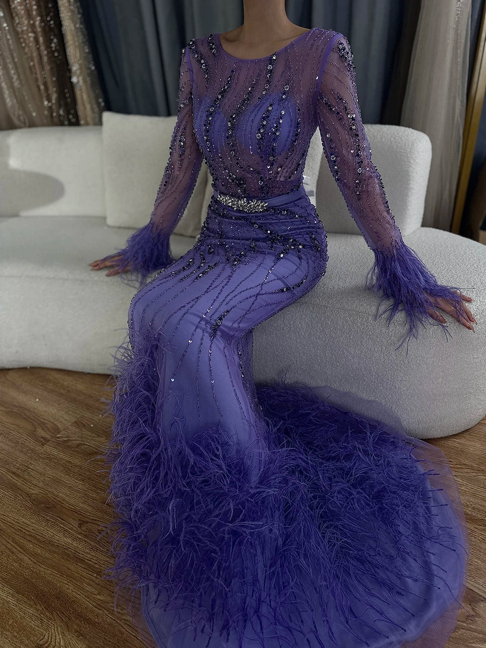 Serene Hill Elegant Mermaid Evening Dress Arabic Purple Beaded Feathers | Luxury Gown for Women's Wedding Party LA72367