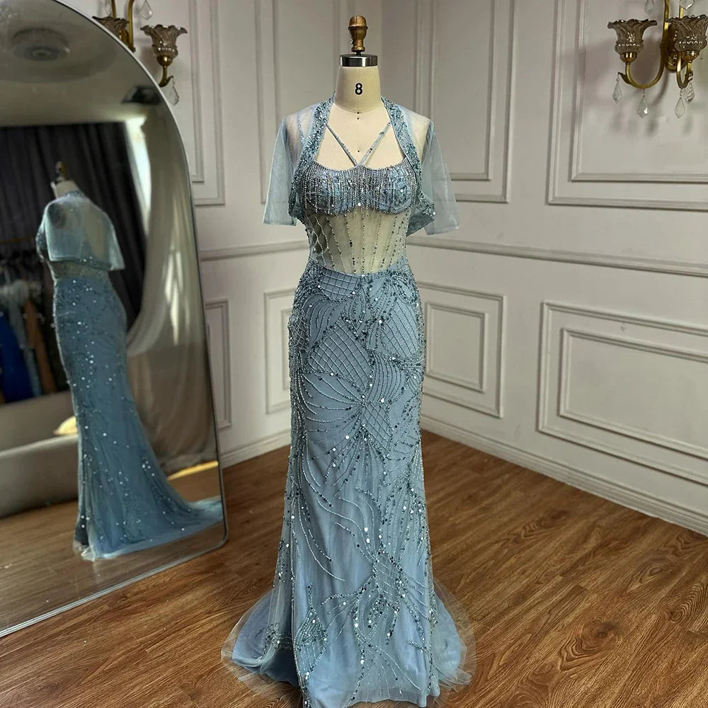 Luxury nude Spaghetti Strap Beaded Mesh Evening Dress LA72927