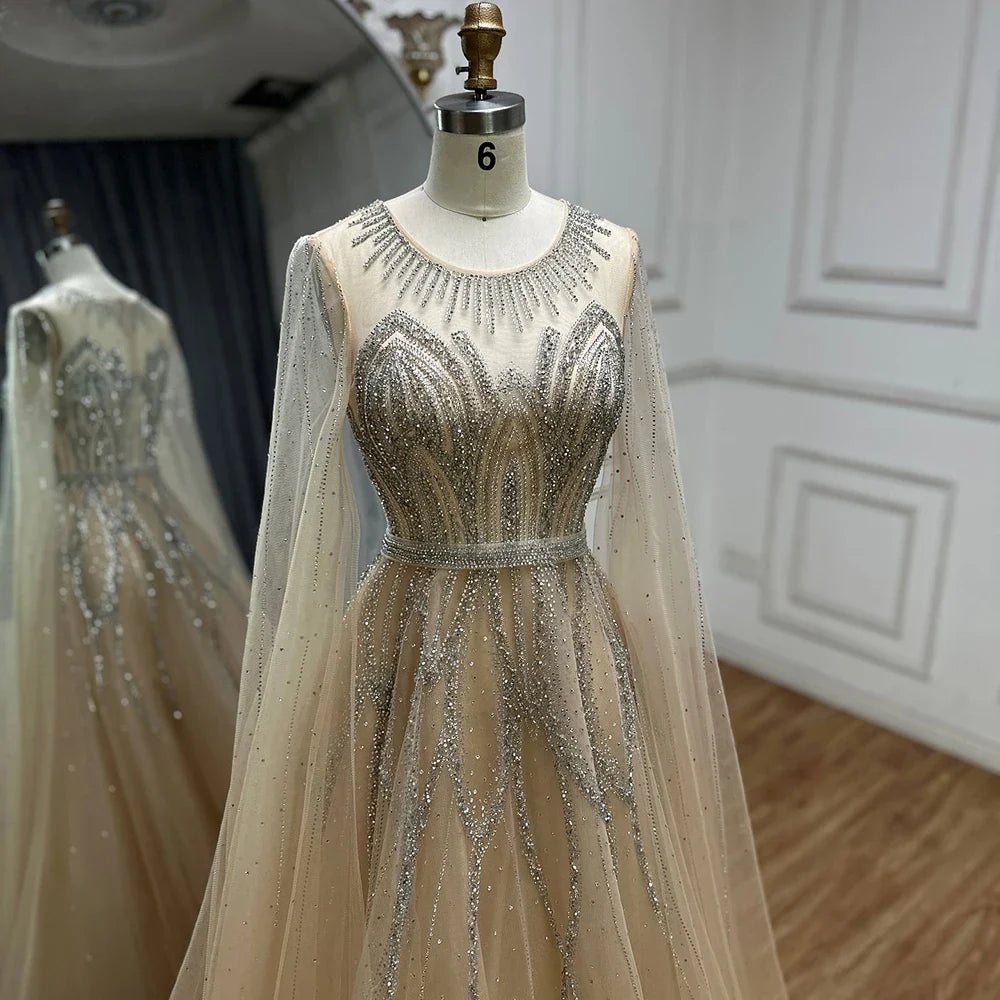 Luxury Dubai Nude Blue Elegant A-Line Beaded Long Arabic Evening Dresses Gowns with Cape Sleeves for Formal Occasion LA72785
