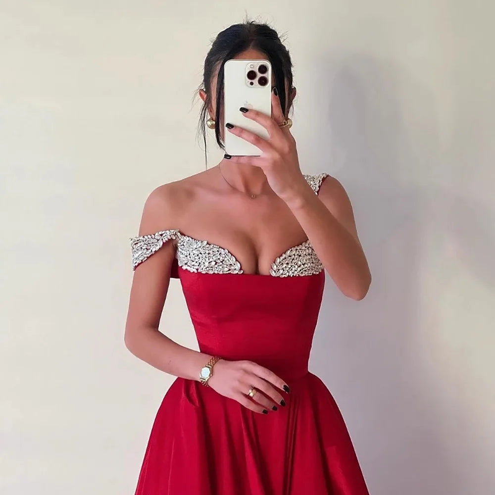 Luxury Red Beaded A Line Prom Dress Strapless Elegant Designer Gown LA73049