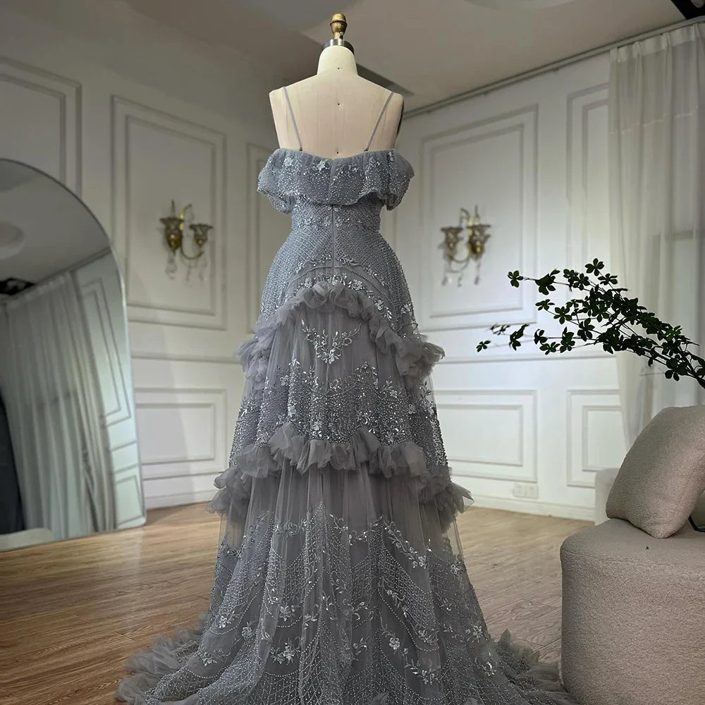 Luxury Dubai Arabic Gray A-Line Off-The-Shoulder Beaded Luxury Saudi Evening Gown for Formal Occasion LA72762
