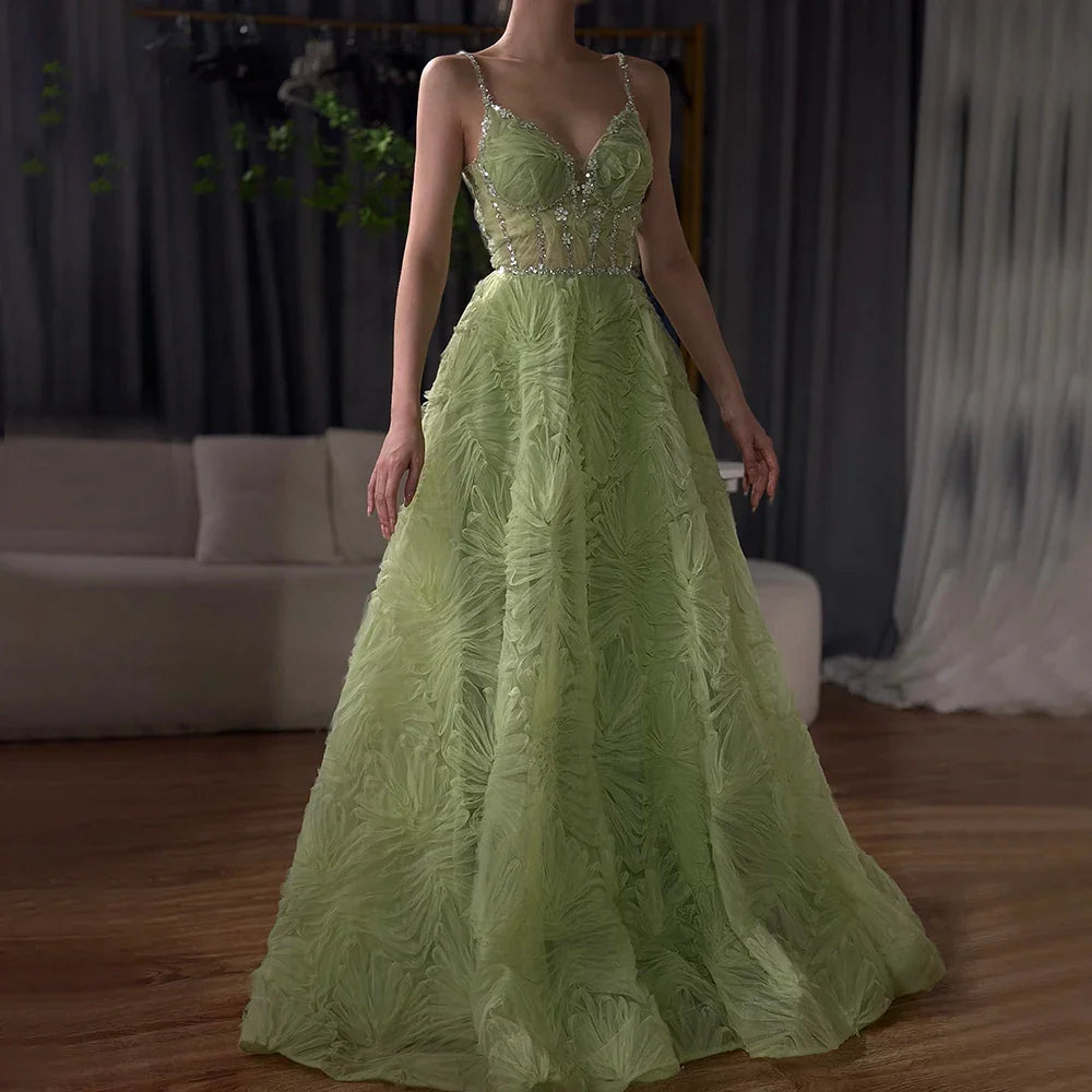 Serene Hill 2025 Arabic Sage Green Elegant Spaghetti Strap Backless A-Line Prom Dress for Women | Wedding Party LA72636