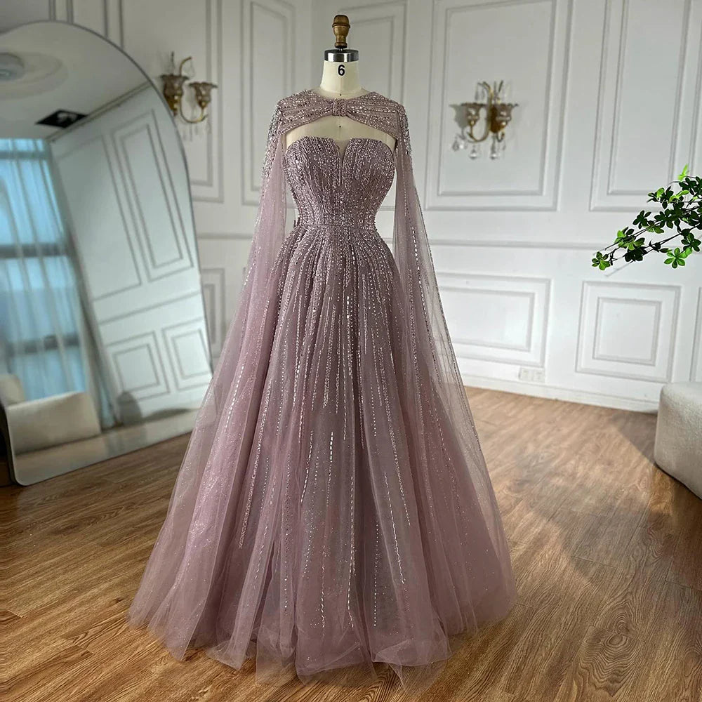Serene Hill 2025 Arabic Blue Cape Sleeves A-Line Beaded Evening Dresses Long Celebrity Gowns for Women Wedding Party LA72427