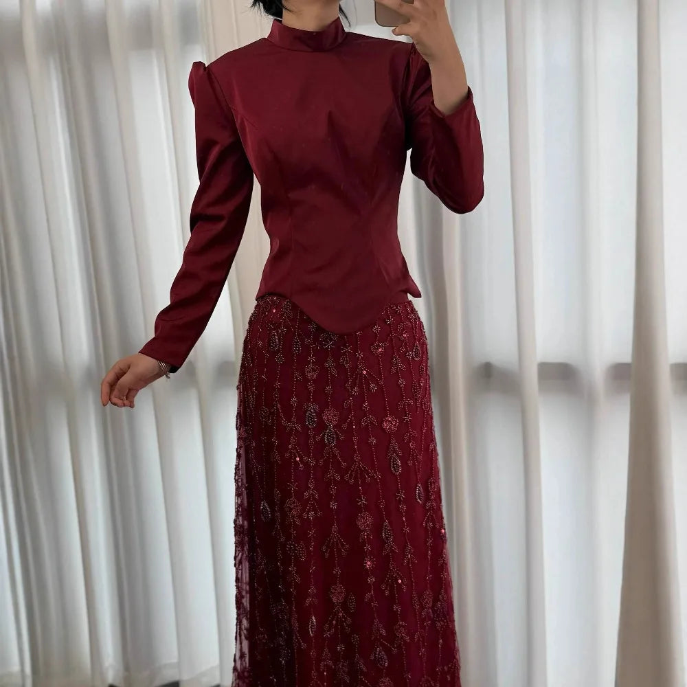 Luxury Sage Green Muslim Beaded Evening Dress LA72805A