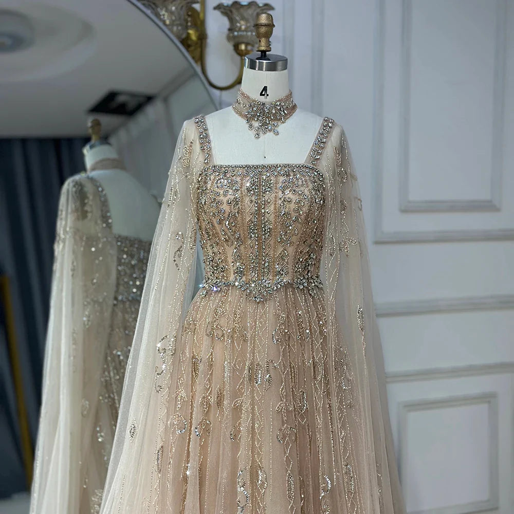 Luxury Designer Nude A-Line Crystal Beaded Arabic Evening Dress LA72764
