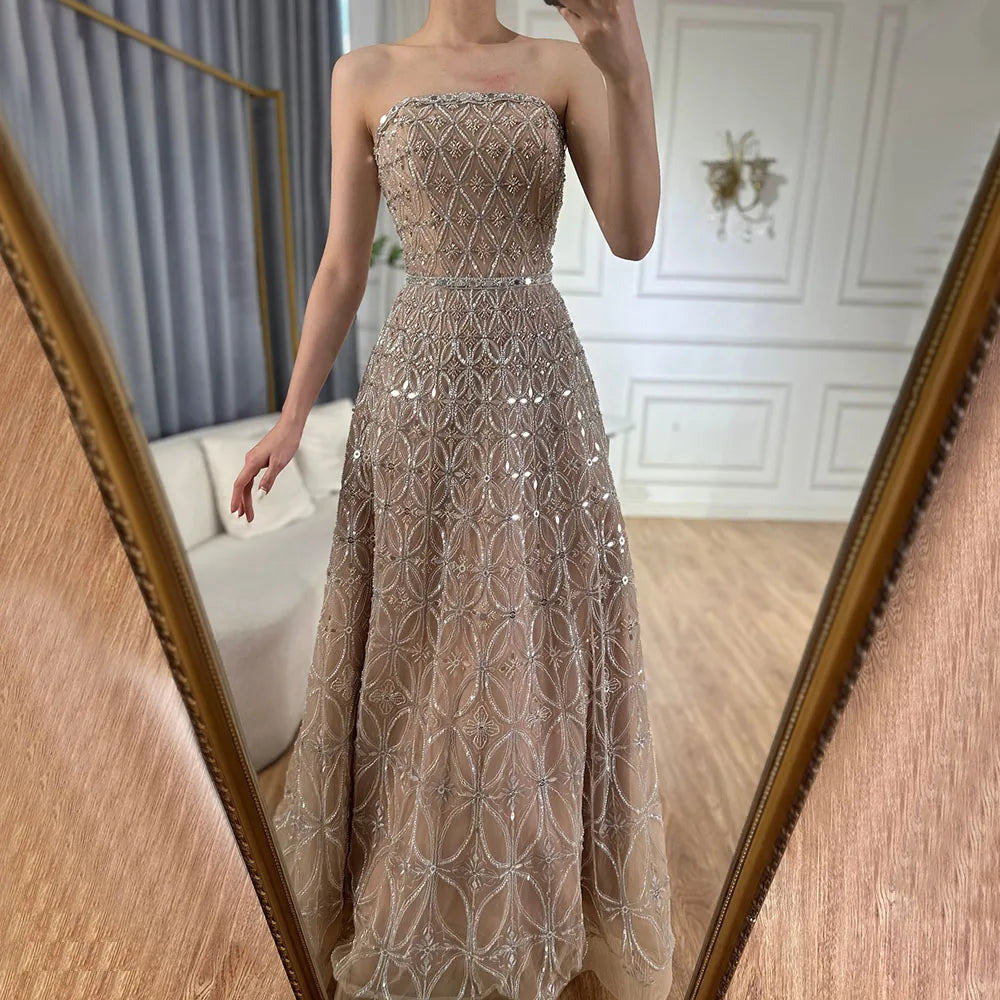 Luxury Dubai Arabic Gray A Line Elegant Beaded Long Evening Dresses Gowns for Formal Occasion LA72755