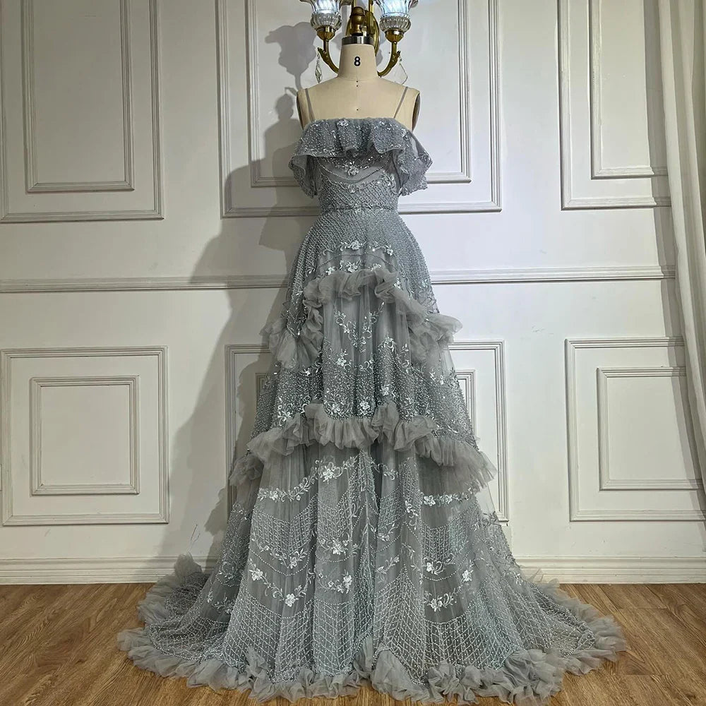 Luxury Dubai Arabic Gray A-Line Off-The-Shoulder Beaded Luxury Saudi Evening Gown for Formal Occasion LA72762