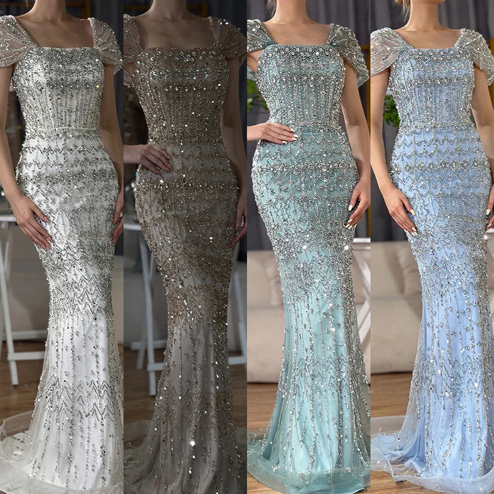 Luxury White Mermaid Beaded Evening Dress with Short Sleeves LA72714