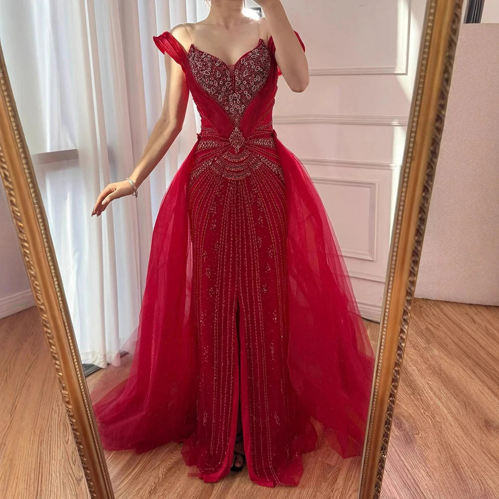 Luxury Nude Beaded Mermaid Evening Dress with Overskirt and Slit LA73034