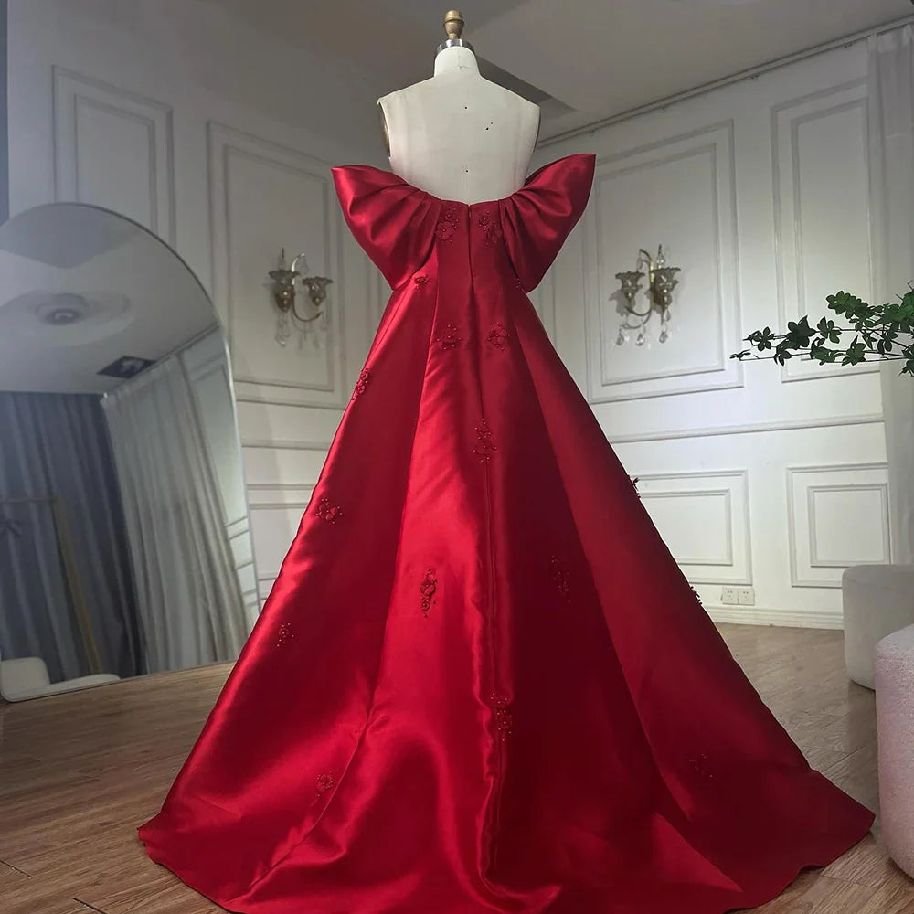 Luxury Dubai Saudi Arabia Elegant Off-Shoulder Wine Red A Line Evening Dress with Appliques Gown for Formal Occasion LA72778