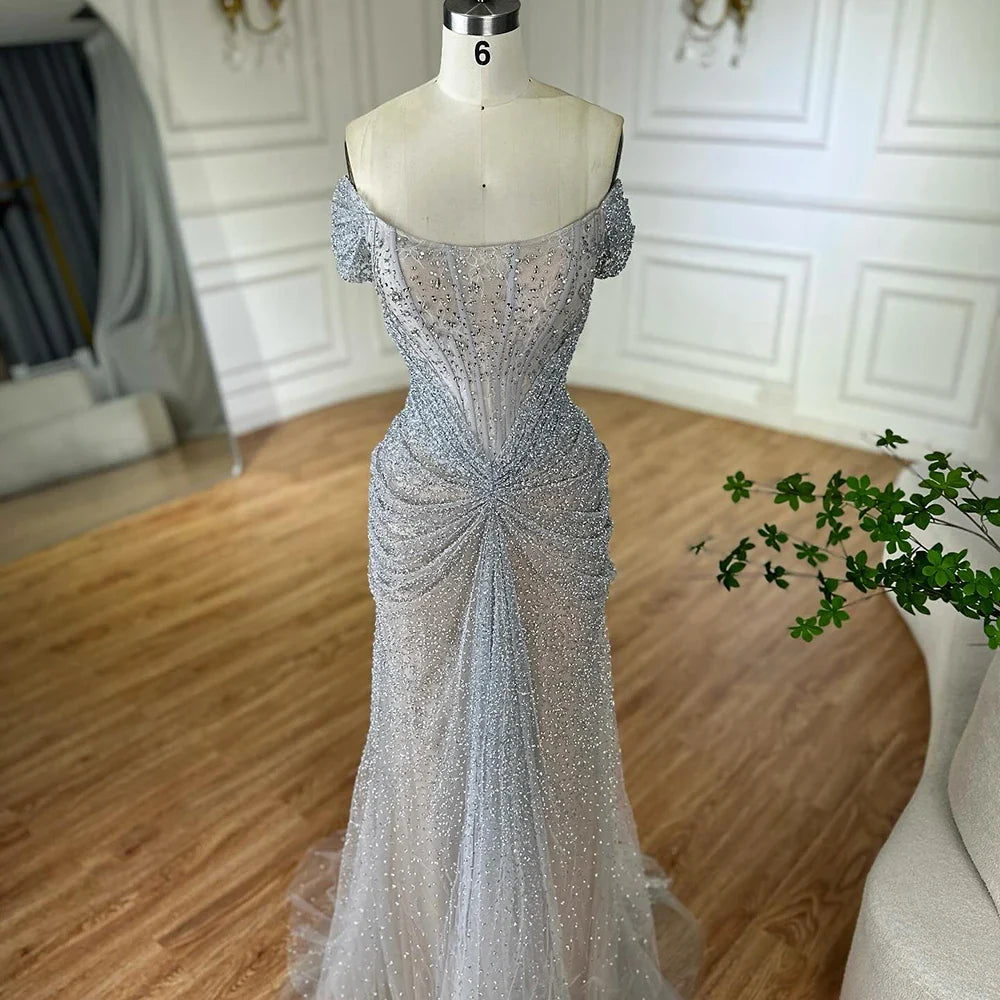 Luxury Designer Beaded Silver Nude Mermaid Evening Dress LA72905