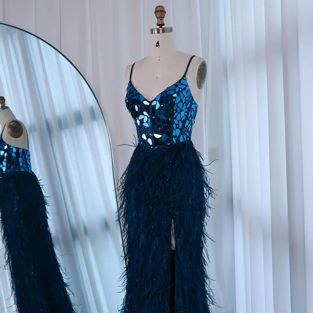 Luxury Peacock Blue Feather Evening Dress with Mirror Beaded Bodice LA73008