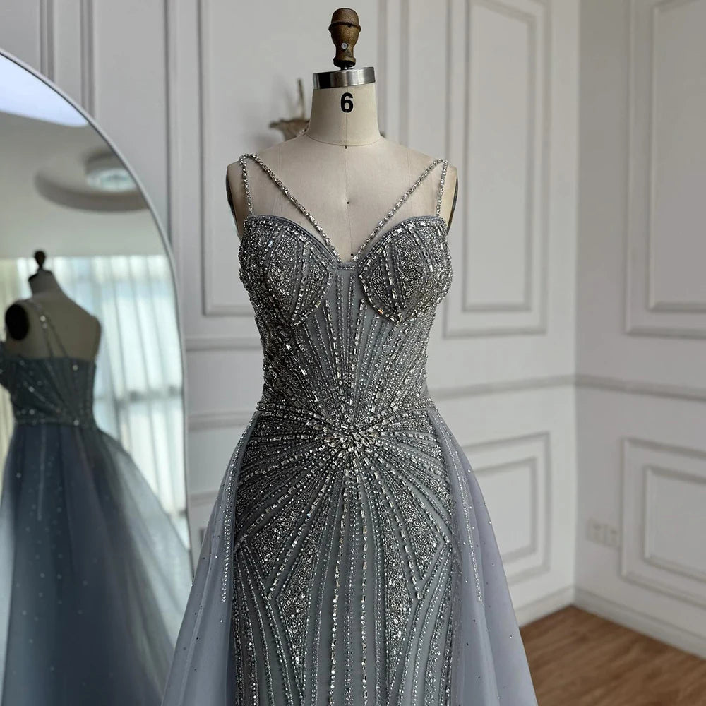 Luxury Nude Spaghetti Strap Mermaid Evening Dress with Overskirt Beaded LA73090