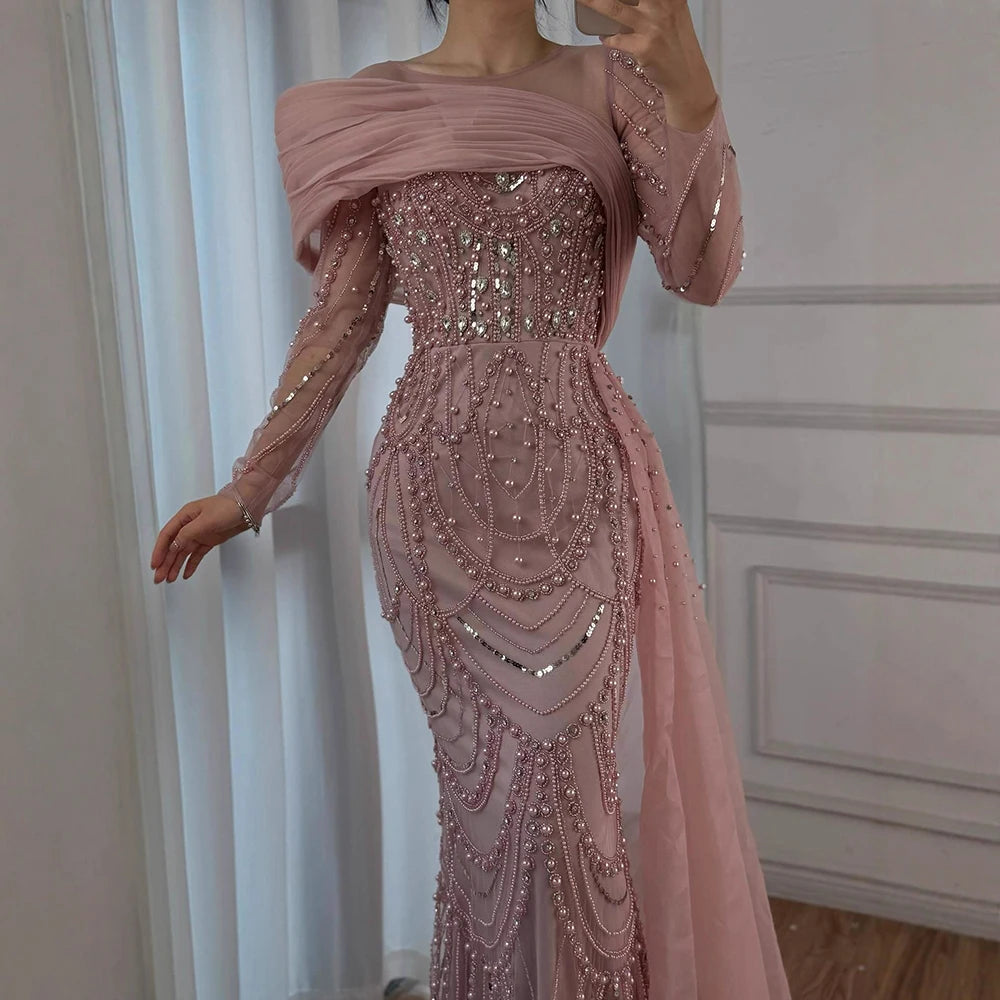 Luxury Designer Nude Crystal Mermaid Evening Dress with Overskirt LA72348