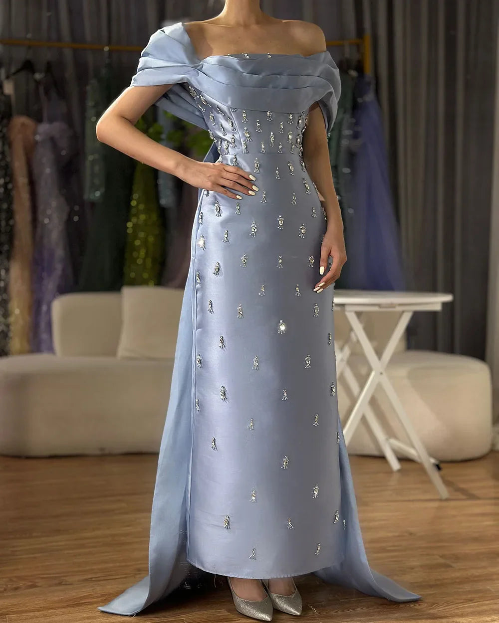 Serene Hill 2025 Arabic Blue Beaded Crystal Ankle-Length Mermaid Satin Evening Dresses Gowns for Women Wedding Party LA72414A