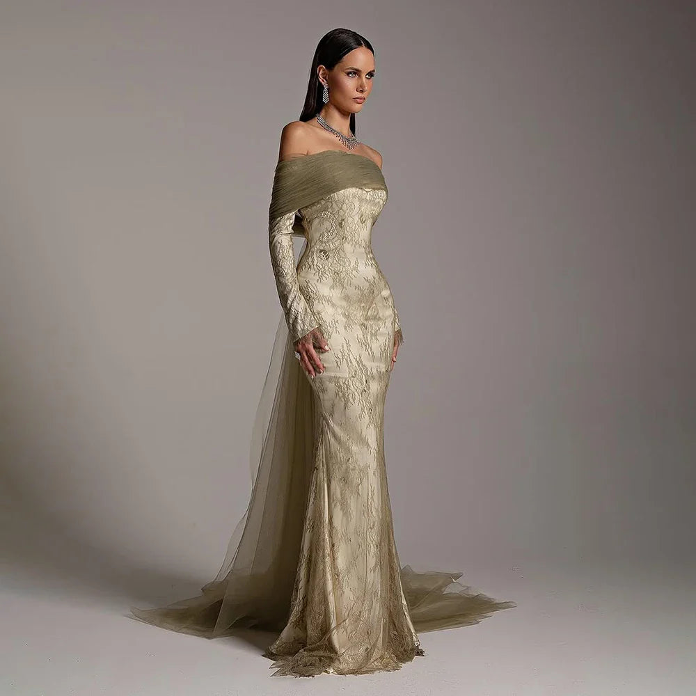 Olive Green Off Shoulder Beaded Evening Dress Gown with Lace Sleeves LA72942