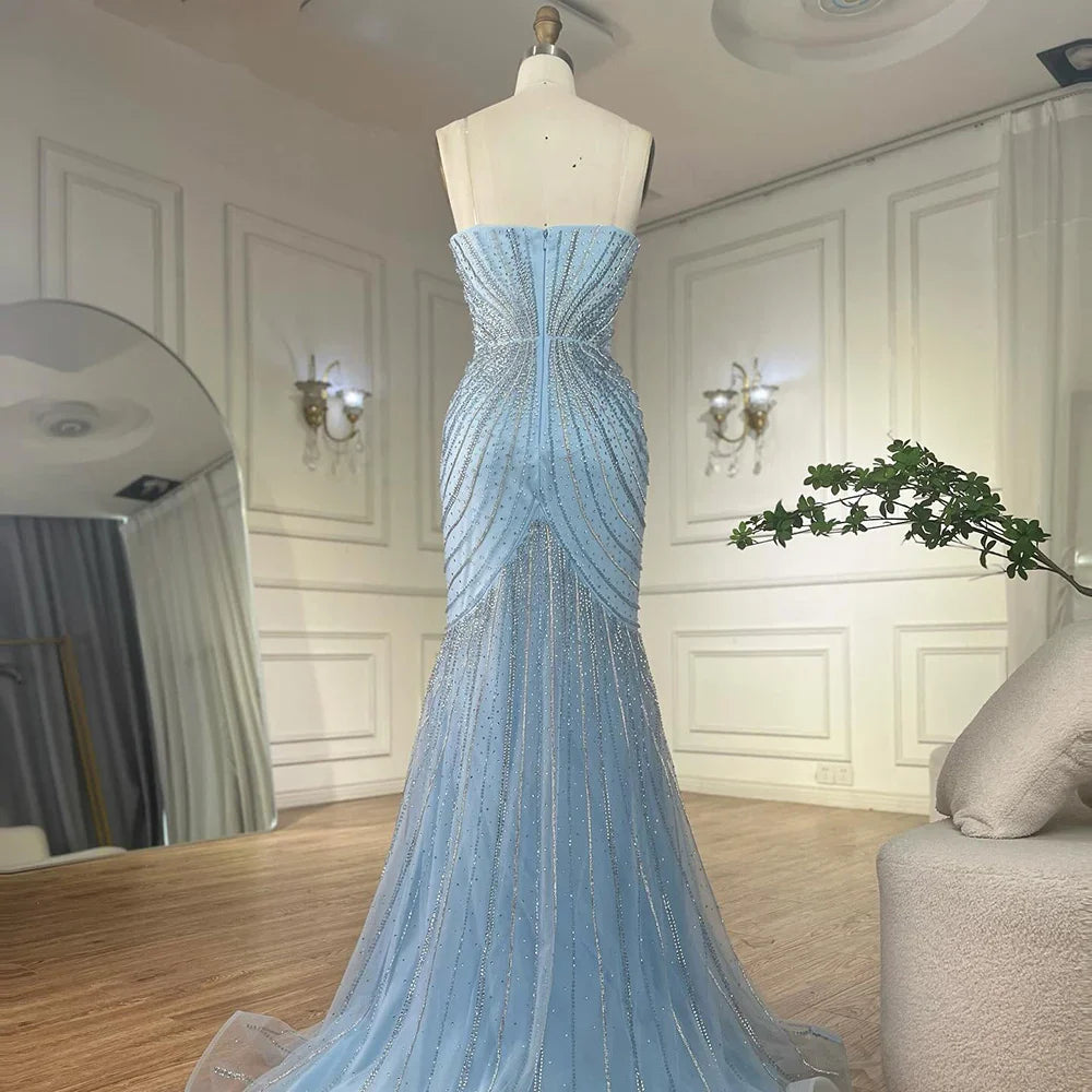 Luxury Dubai Arabic Blue Spaghetti Straps Beaded Evening Gown with Detachable Cape Dress for Formal Occasion LA72784