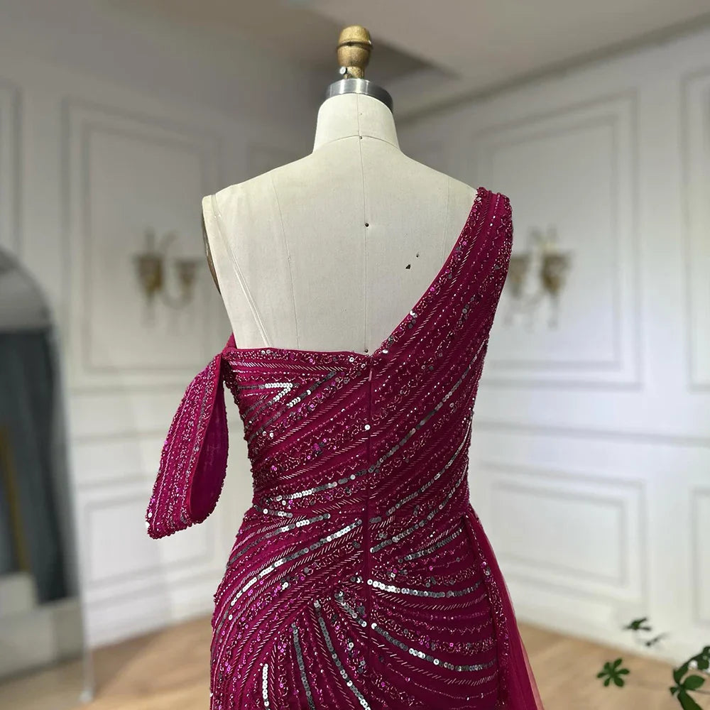 Luxury Dubai Arabic Pink Mermaid Elegant One Shoulder Beaded Long Evening Dresses Gowns for Formal Occasion LA72662A