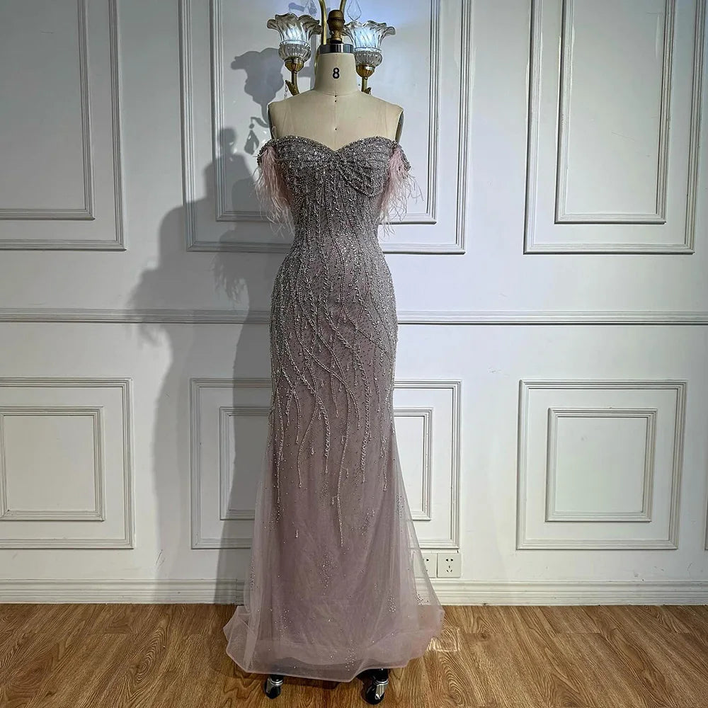 Luxury Nude Beaded Feather Mermaid Evening Dress Dubai Style LA72818