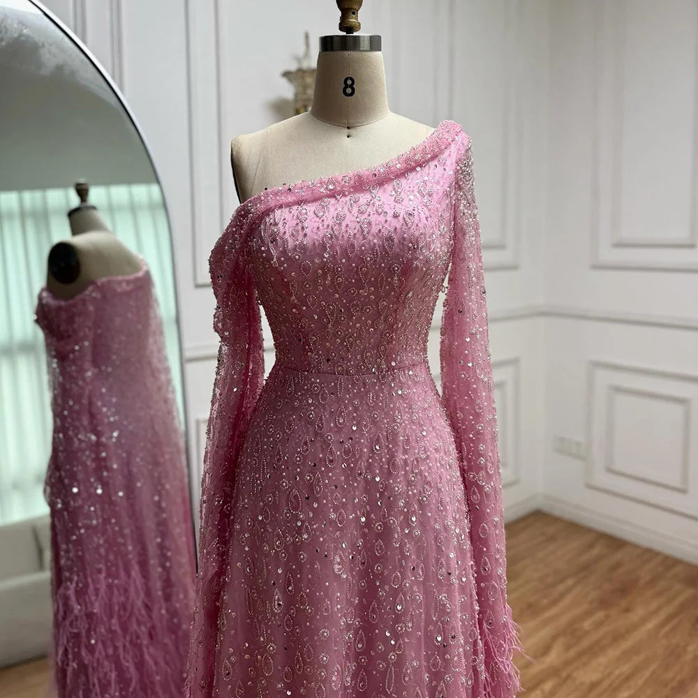 Luxury Feather One Shoulder Evening Dress with Cape Sleeves LA72763
