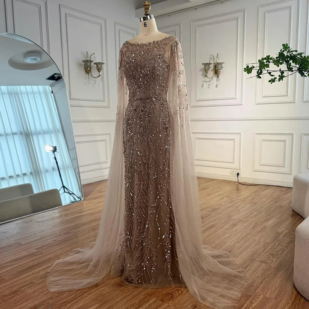 Luxury Caramel Beaded Evening Dress with Cape Sleeves LA73078