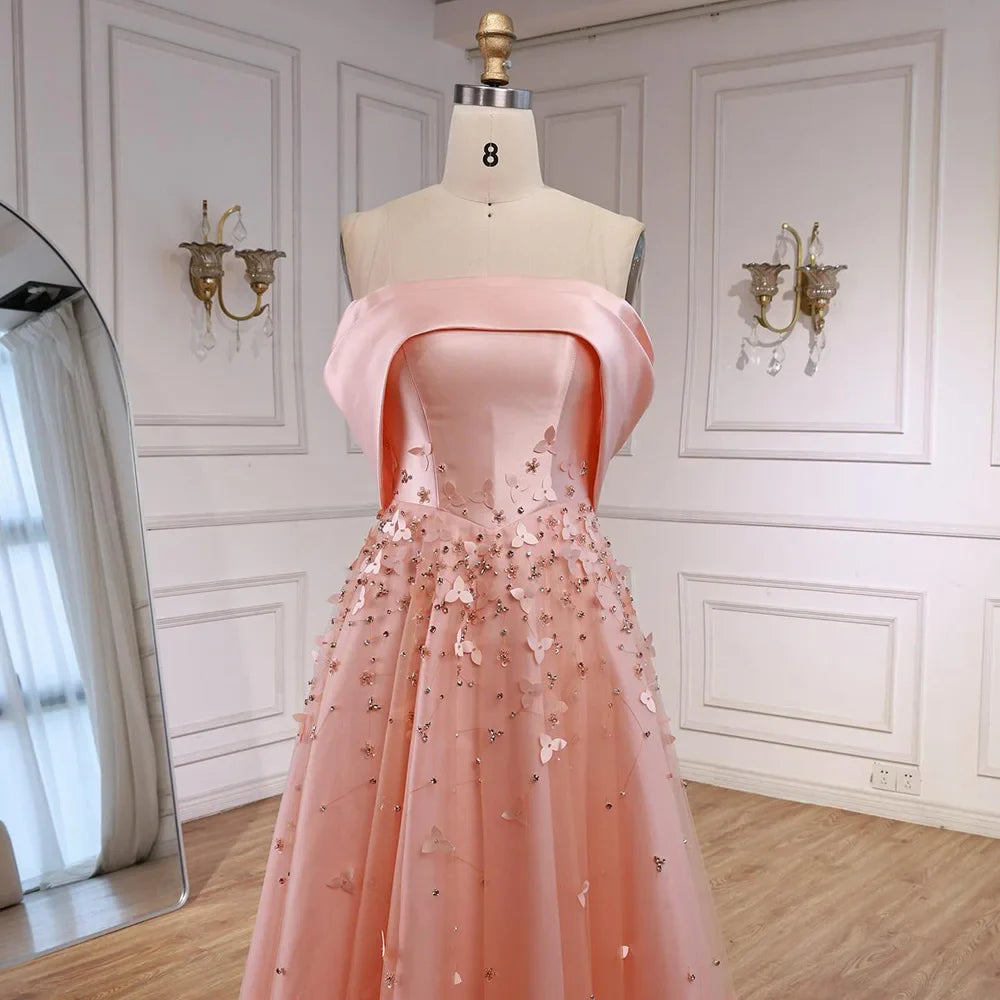Arabia Peach Off the Shoulder A Line Satin Appliques Evening Dress Gown LA72830