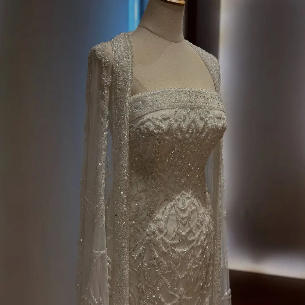 Luxury White Dubai Arabia Beading Evening Dress With Cape LA72870