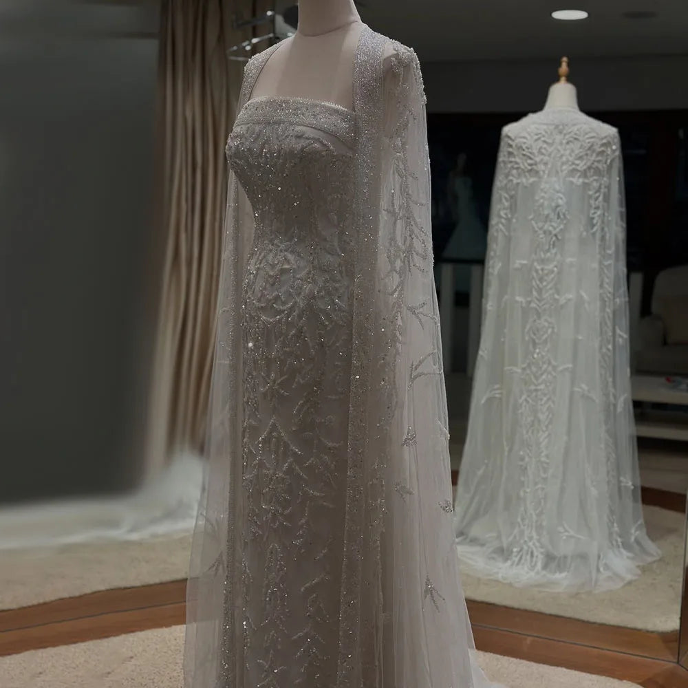 Luxury White Dubai Arabia Beading Evening Dress With Cape LA72870