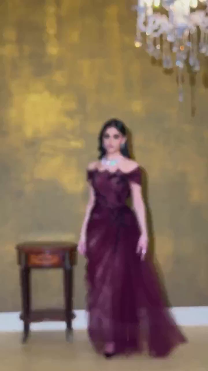 Elegant Wine Red Off Shoulder Lace Evening Dress with Appliques LA73010