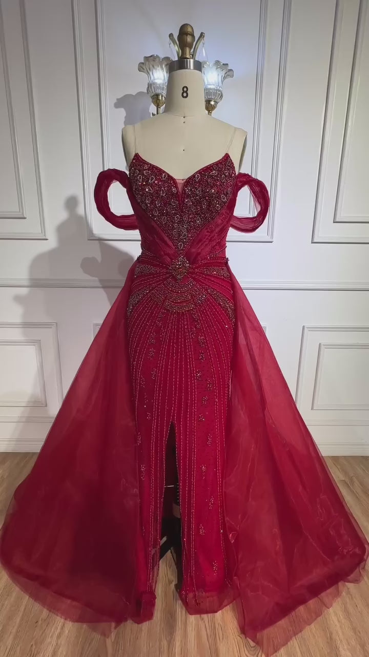 Luxury Nude Beaded Mermaid Evening Dress with Overskirt and Slit LA73034